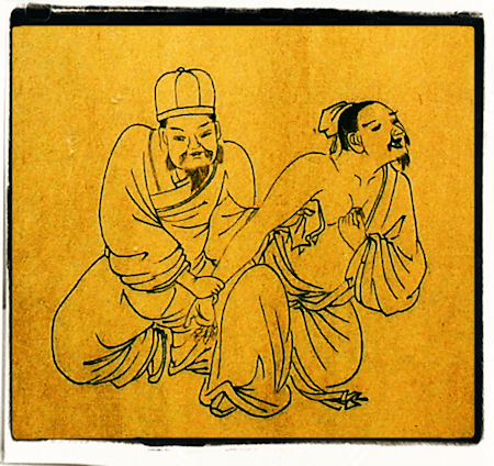 Estampe asiatique ancienne représentant une scène de massage traditionnel, à l’origine des pratiques corporelles comme le Shiatsu.