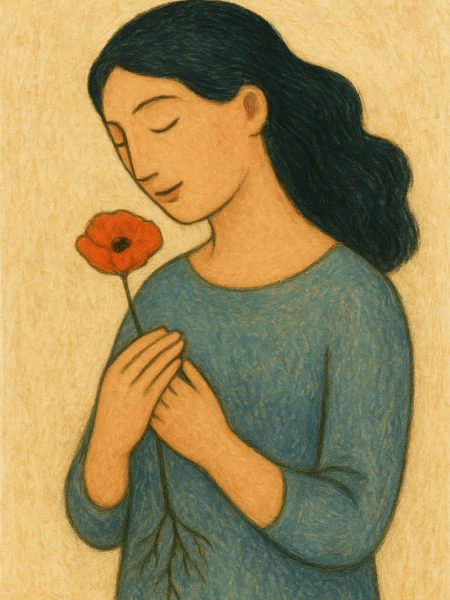 Illustration féminine avec coquelicot – symbolisant écoute intérieure, intuition et centrage dans le Shiatsu pour femmes